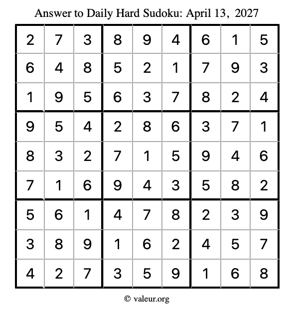 Answer to hard sudoku April 13, 2027