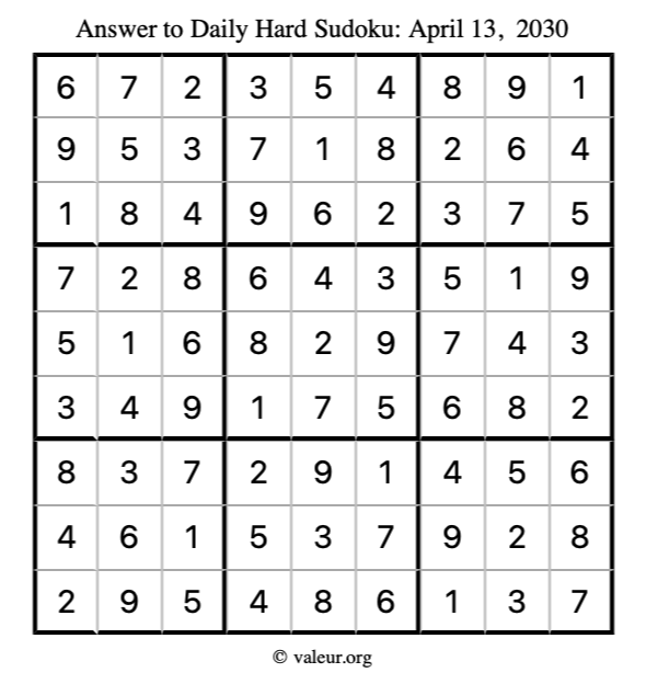 Answer to hard sudoku April 13, 2030