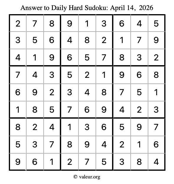 Answer to hard sudoku April 14, 2026