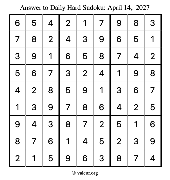 Answer to hard sudoku April 14, 2027
