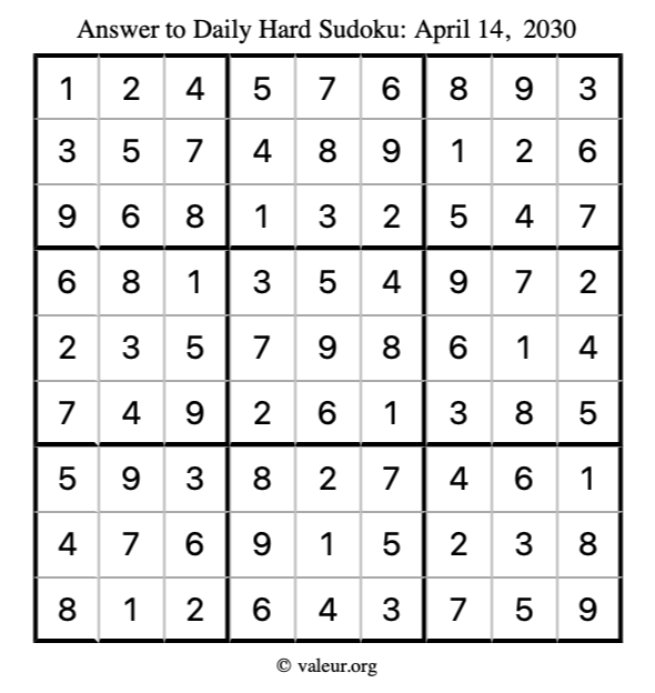 Answer to hard sudoku April 14, 2030
