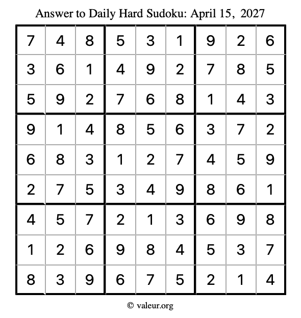 Answer to hard sudoku April 15, 2027