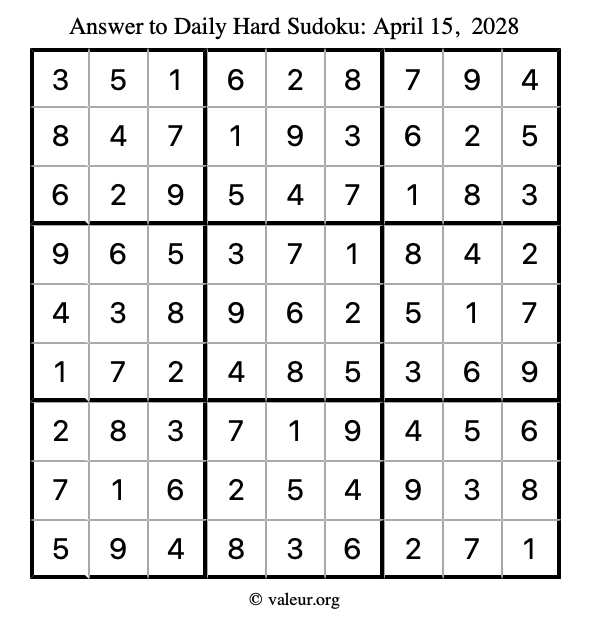 Answer to hard sudoku April 15, 2028