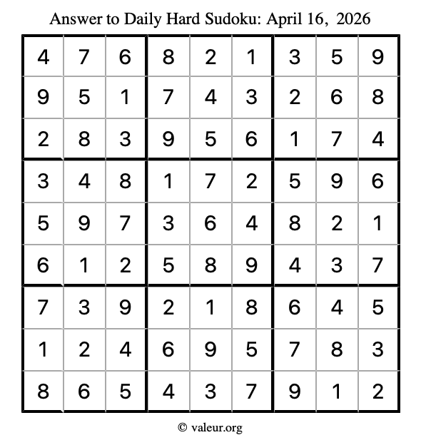 Answer to hard sudoku April 16, 2026