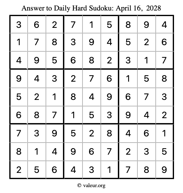 Answer to hard sudoku April 16, 2028