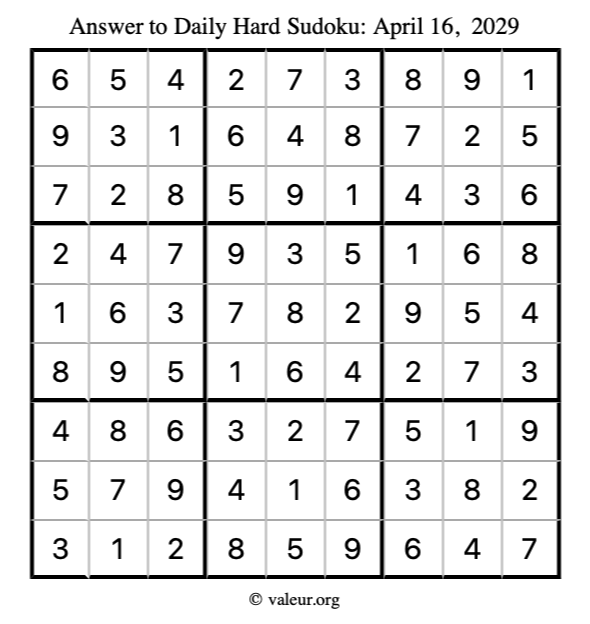 Answer to hard sudoku April 16, 2029