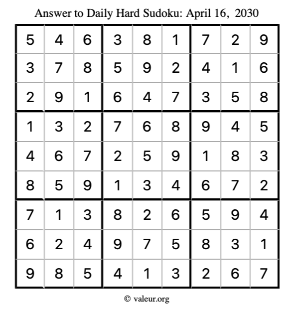Answer to hard sudoku April 16, 2030