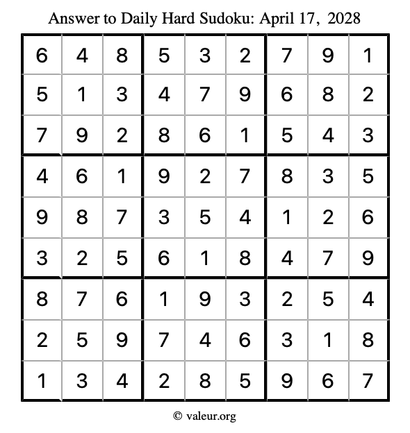 Answer to hard sudoku April 17, 2028