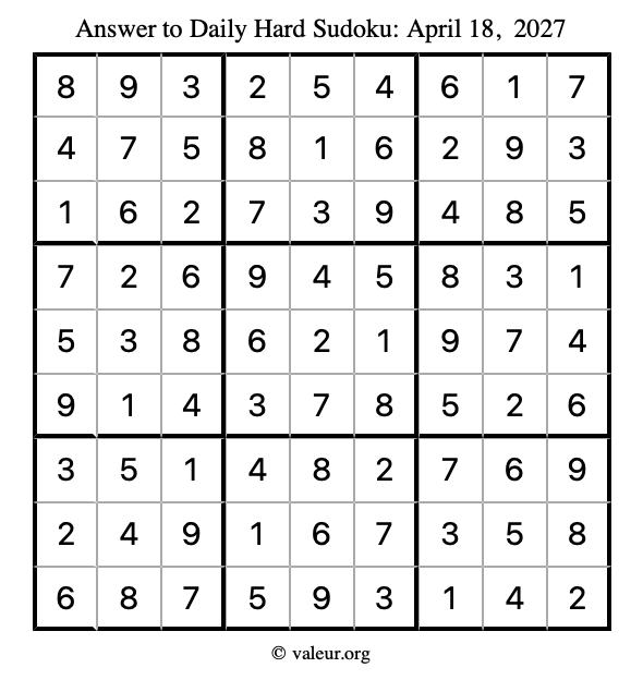 Answer to hard sudoku April 18, 2027