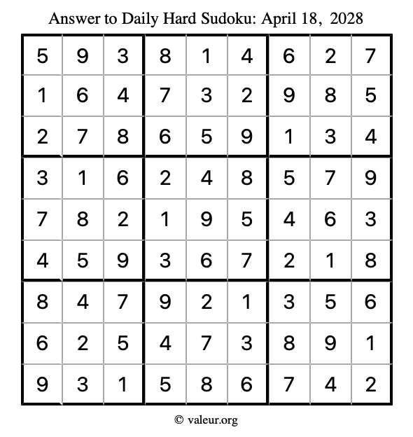 Answer to hard sudoku April 18, 2028