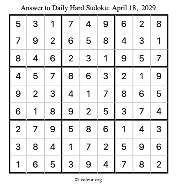 Answer to hard sudoku April 18, 2029