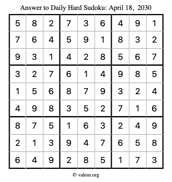 Answer to hard sudoku April 18, 2030