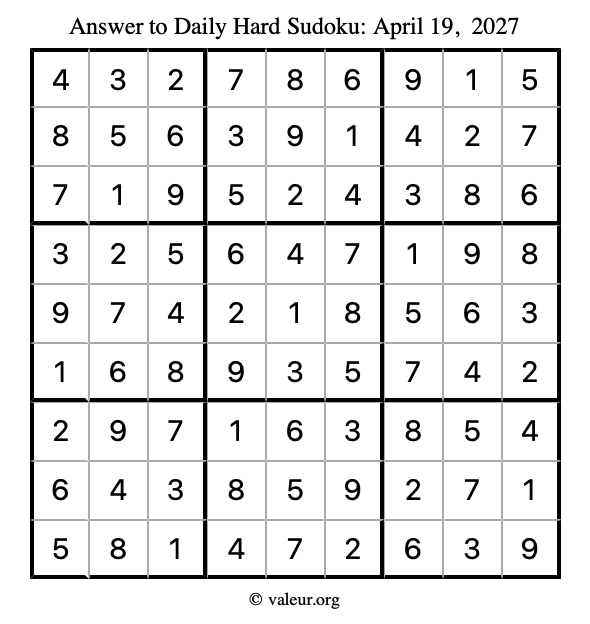 Answer to hard sudoku April 19, 2027