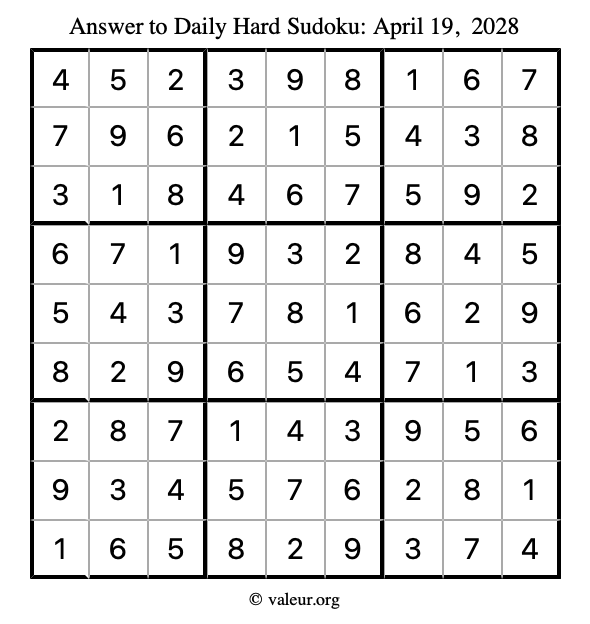 Answer to hard sudoku April 19, 2028