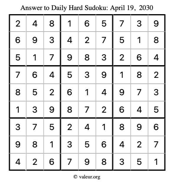 Answer to hard sudoku April 19, 2030
