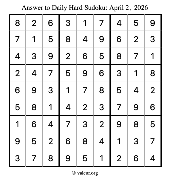 Answer to hard sudoku April 2, 2026