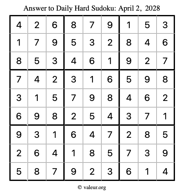 Answer to hard sudoku April 2, 2028