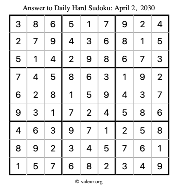 Answer to hard sudoku April 2, 2030