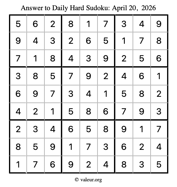 Answer to hard sudoku April 20, 2026