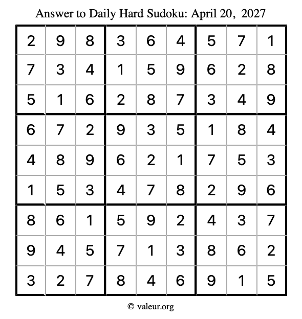 Answer to hard sudoku April 20, 2027