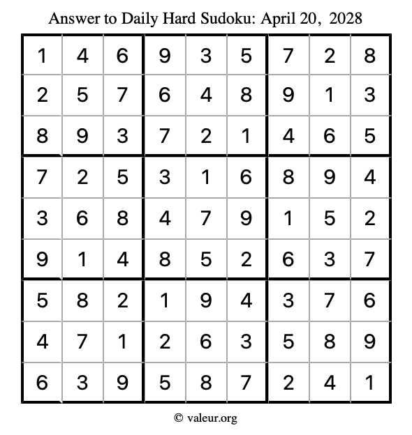 Answer to hard sudoku April 20, 2028