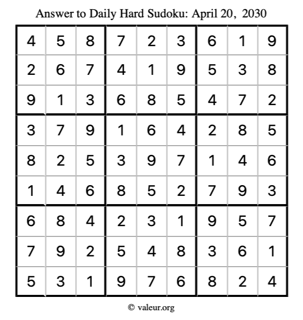 Answer to hard sudoku April 20, 2030