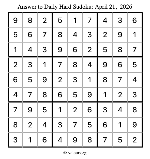 Answer to hard sudoku April 21, 2026