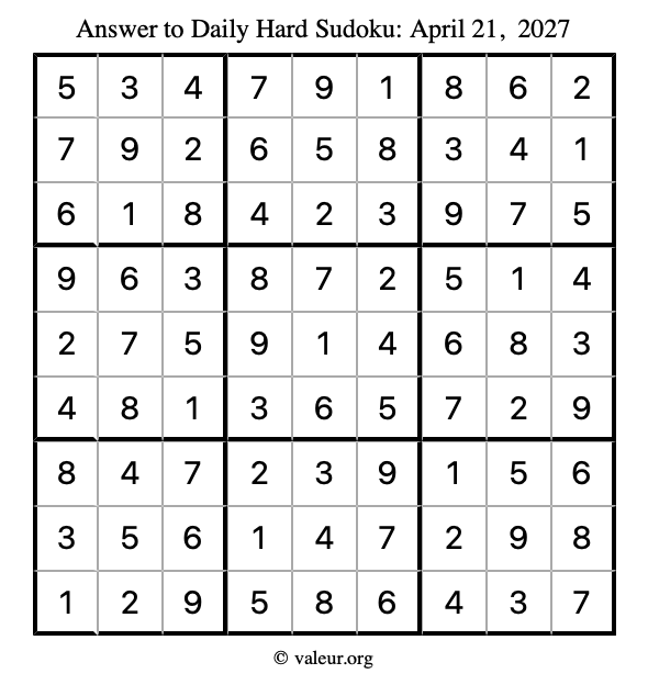 Answer to hard sudoku April 21, 2027