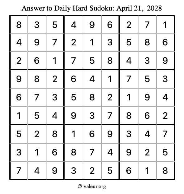 Answer to hard sudoku April 21, 2028