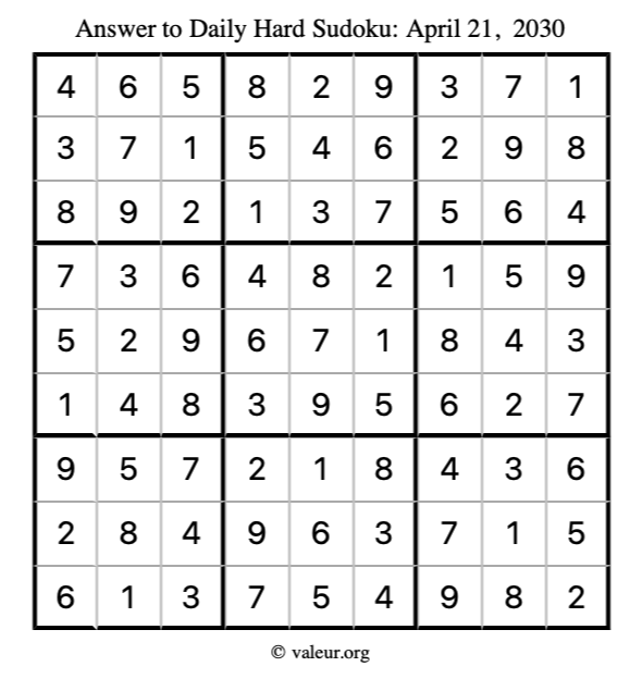 Answer to hard sudoku April 21, 2030