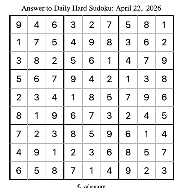 Answer to hard sudoku April 22, 2026