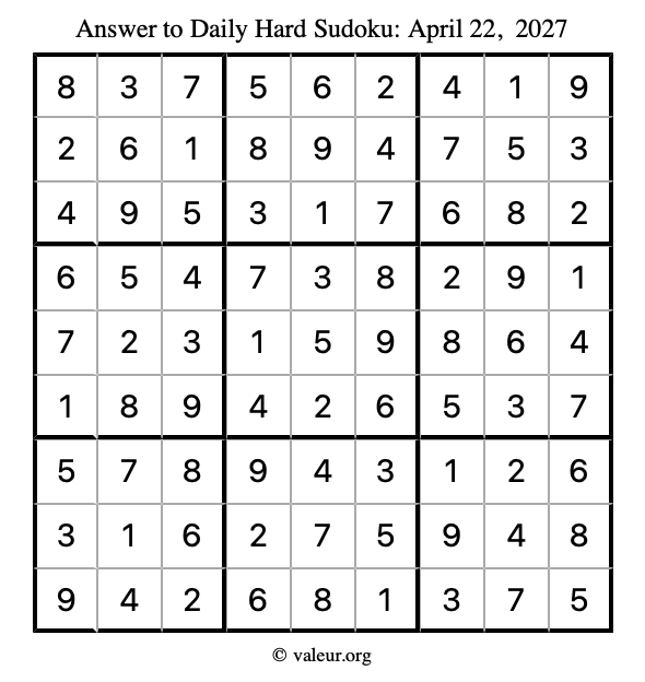 Answer to hard sudoku April 22, 2027