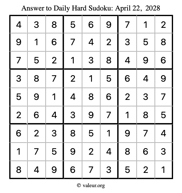 Answer to hard sudoku April 22, 2028