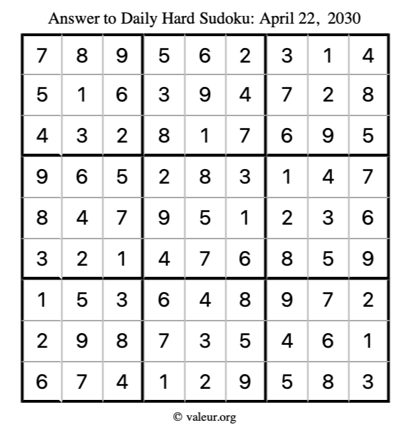 Answer to hard sudoku April 22, 2030