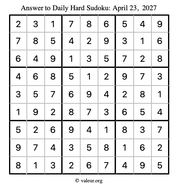 Answer to hard sudoku April 23, 2027