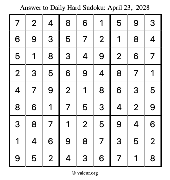 Answer to hard sudoku April 23, 2028