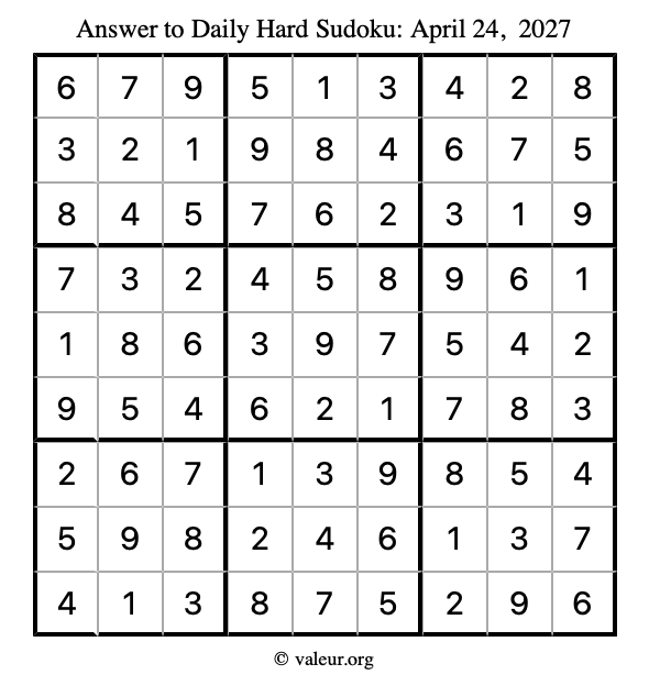 Answer to hard sudoku April 24, 2027