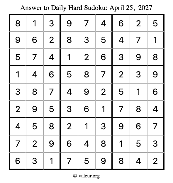 Answer to hard sudoku April 25, 2027