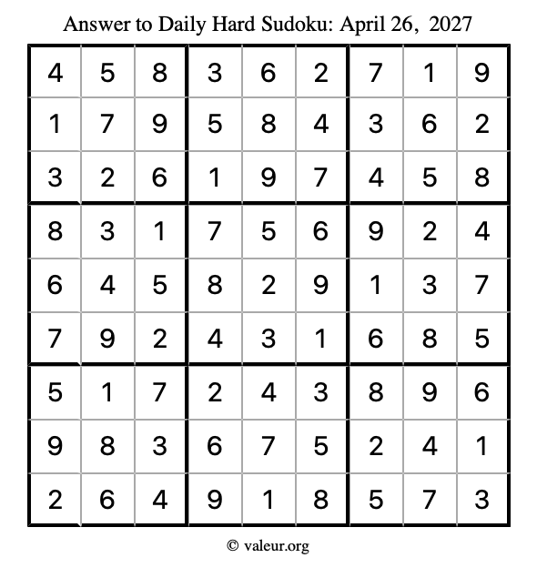 Answer to hard sudoku April 26, 2027