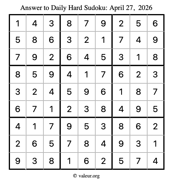 Answer to hard sudoku April 27, 2026
