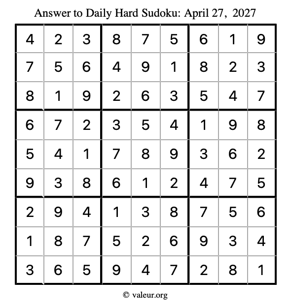 Answer to hard sudoku April 27, 2027
