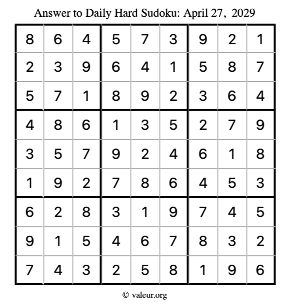 Answer to hard sudoku April 27, 2029