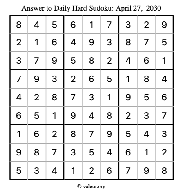 Answer to hard sudoku April 27, 2030