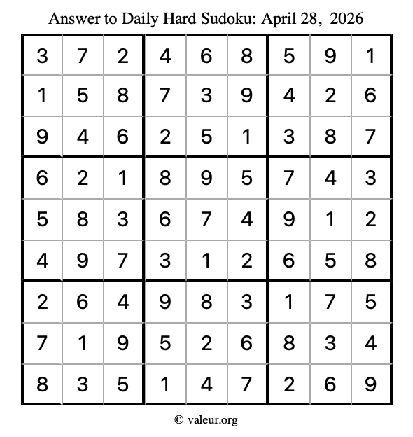Answer to hard sudoku April 28, 2026