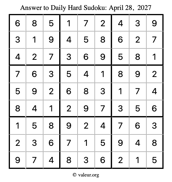 Answer to hard sudoku April 28, 2027