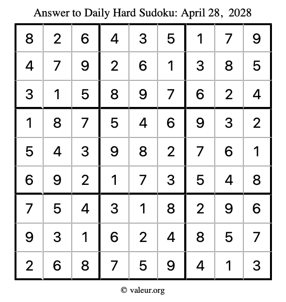 Answer to hard sudoku April 28, 2028