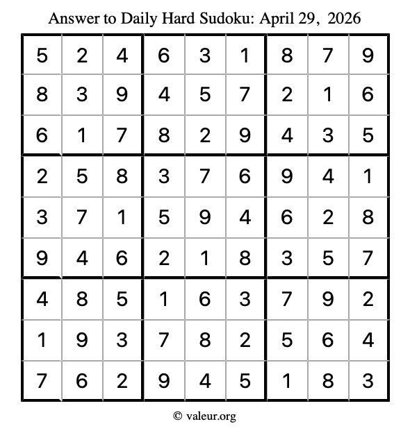 Answer to hard sudoku April 29, 2026