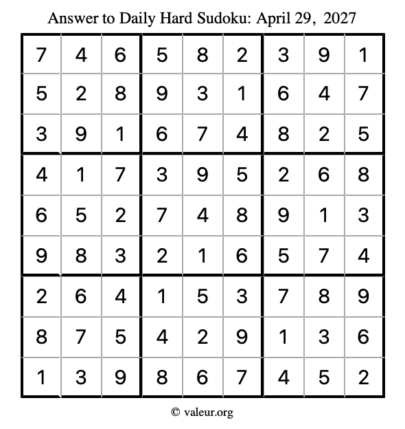 Answer to hard sudoku April 29, 2027