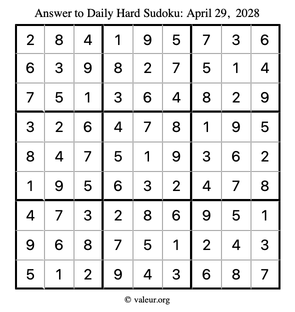 Answer to hard sudoku April 29, 2028