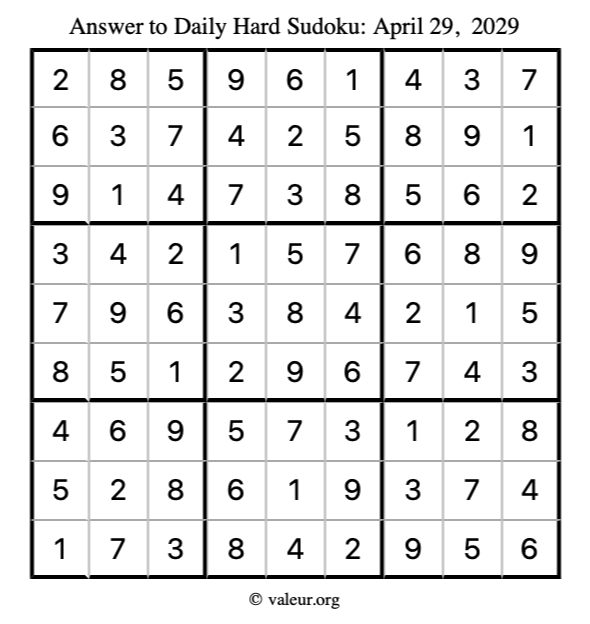 Answer to hard sudoku April 29, 2029